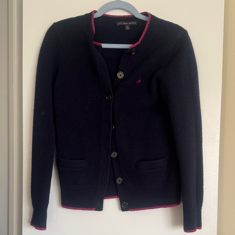 Brooks Brothers Wool Navy Cardigan with Pink trim and Logo Size M